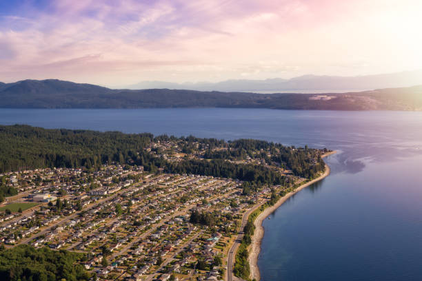 Aerial view of a small town, Powell River stock photo