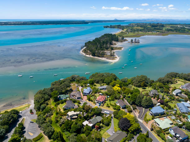 Aerial view of a suburb in New Zealand stock photo