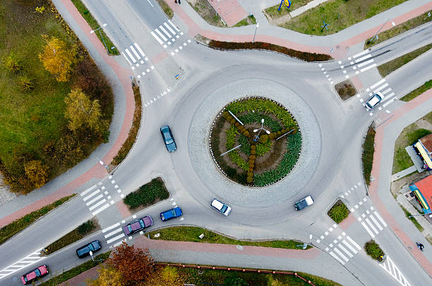 Aerial view of a traffic roundabout stock photo