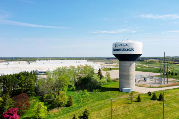 Aerial view of a water tower in Woodstock, Ontario, Canada An aerial view of a water tower in Woodstock, Ontario, Canada. The town serves the nearby rural area. woodstock ontario stock pictures, royalty-free photos & images