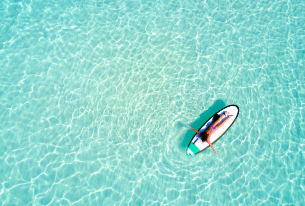 Aerial view of a woman on a surfboard in the turquoise waters Aerial view of a woman on a surfboard in the turquoise waters of the Maldives woman snorkeling stock pictures, royalty-free photos & images