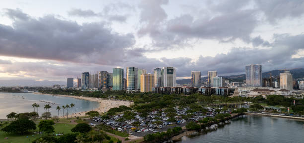 Aerial view of Ala Moana Beach and Kakaako in Honolulu, Hawaii stock photo