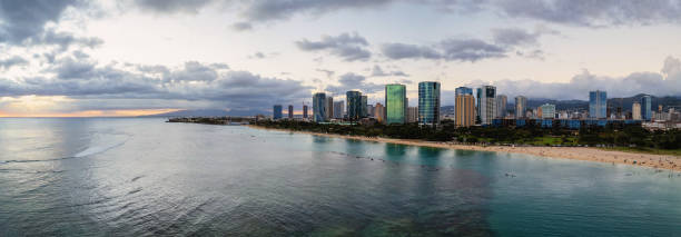 Aerial view of Ala Moana Beach and Kakaako in Honolulu, Hawaii stock photo
