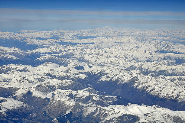 Aerial view of Alps Mountains stock photo