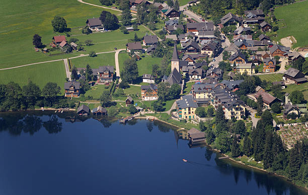Aerial View of Altaussee, a small Austrian Village (XXXL) "Aerial View of Altaussee, a small Austrian Village. Nikon D3X. Some mist do to the high angle. (XXXL)" ausseerland stock pictures, royalty-free photos & images