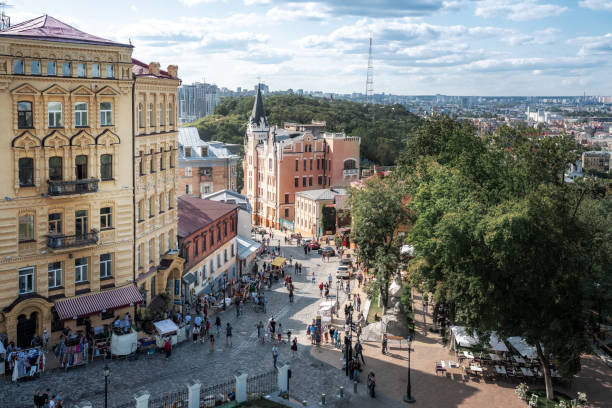 Aerial view of Andriyivskyy Descent and Castle of Richard the Lionheart - Kiev, Ukraine stock photo