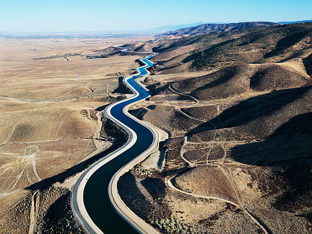Aerial view of aqueduct, California. Aerial view of water carrying aqueduct in Outer Los Angeles, California. canal stock pictures, royalty-free photos & images