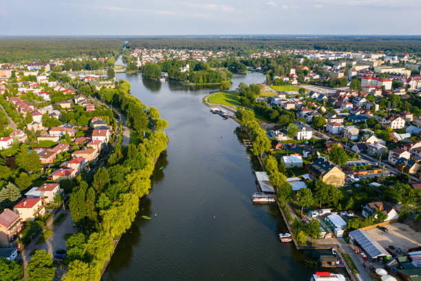 Aerial view of Augustow city and Netta river stock photo