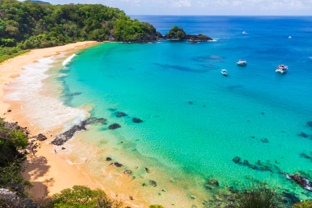 Aerial view of Baía do Sancho in Fernando de Noronha, consistently ranked one of the world's best beaches Fernando de Noronha is a paradisiac tropical island off the coast of Brazil atlantic islands stock pictures, royalty-free photos & images