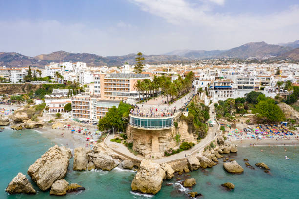 Aerial view of Balcon de Europa in Nerja, Malaga,Spain Aerial view from the sea of Balcon de Europa in Nerja, Malaga,Spain nerja stock pictures, royalty-free photos & images