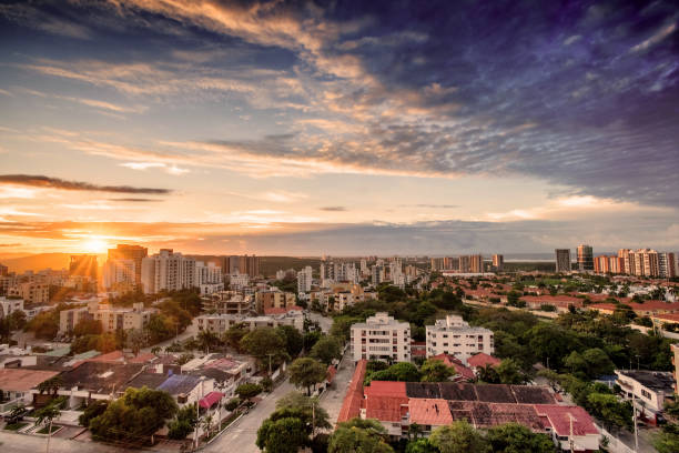 Aerial view of Barranquilla, Colombia towards the river at sunset stock photo