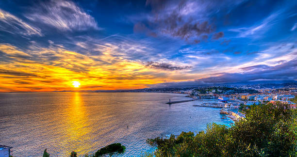 Aerial view of beach in Nice at sunset stock photo