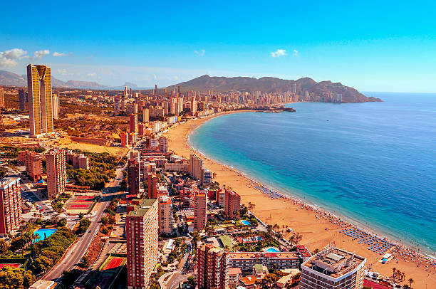 aerial view of Benidorm, Spain aerial view of Benidorm, in Spain, with its towering skyscrapers alicante province stock pictures, royalty-free photos & images