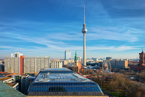 Aerial view of Berlin with St Mary Church and Fernsehturm