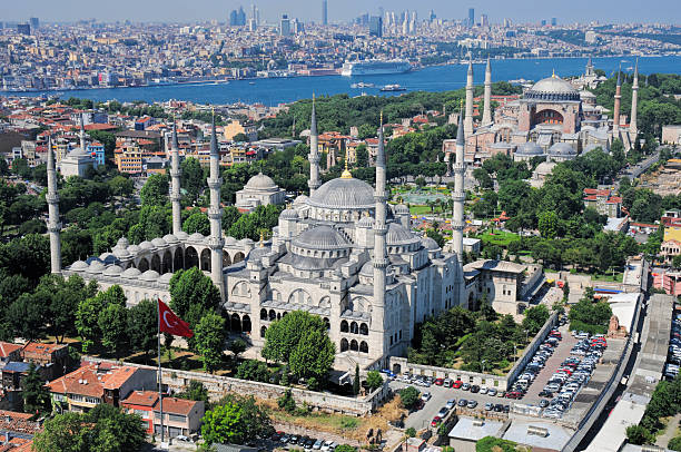 aerial view of blue mosque and hagia sophia in istanbul - istanbul blue mosque skyline bildbanksfoton och bilder