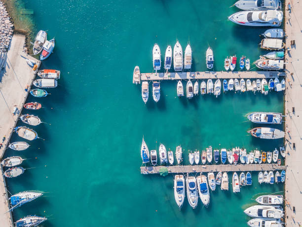 Aerial view of boats in the marina Aerial view of boats in the marina marina stock pictures, royalty-free photos & images