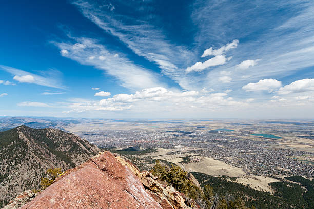 Aerial View of Boulder, Colorado Panoramic view of Boulder, Colorado from the top of a Mountain boulder colorado stock pictures, royalty-free photos & images