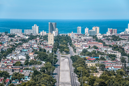 Aerial View Of Boulevard And Sea In Havana, Cuba