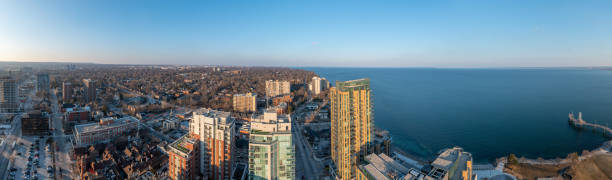 Aerial view of Brant Street Pier and Ontario Lake, Burlington, Canada stock photo