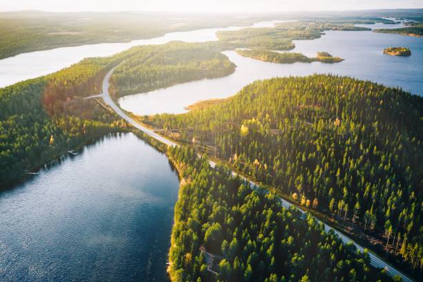 핀란드의 다채로운 가을 숲에서 태양 빛이있는 푸른 호수를 가로 지르는 다리의 공중 보기. - finland 뉴스 사진 이미지