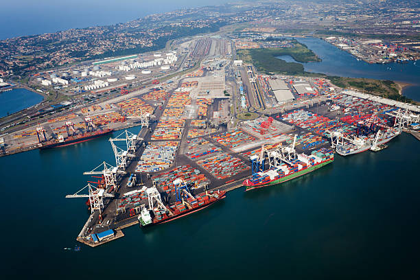 Aerial view of buildings in Durban Harbor, South Africa stock photo