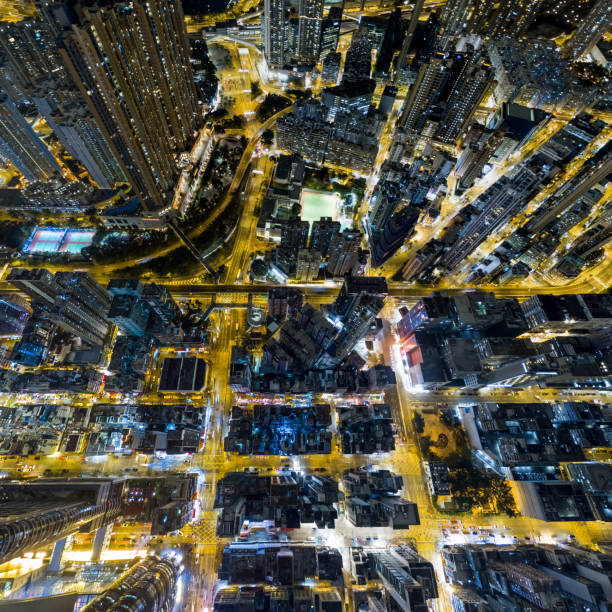 Aerial view of business district of Hong Kong at night stock photo