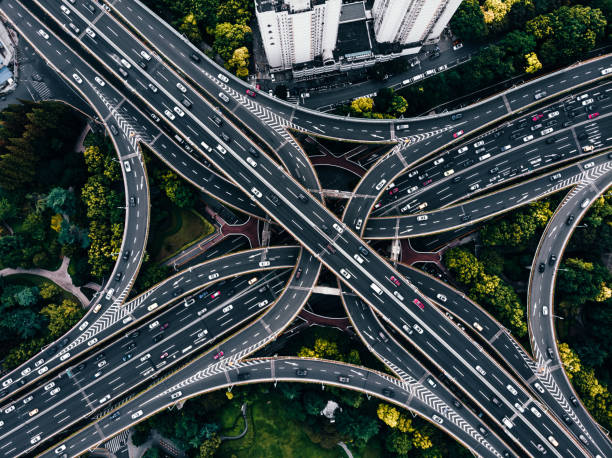 Aerial View of Busy Road Intersection stock photo