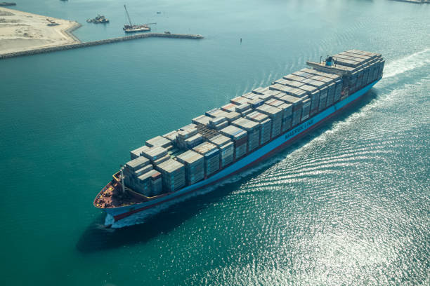 Aerial View of Cargo Container Ship in Dubai, UAE stock photo
