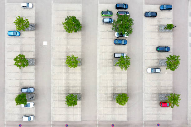 Aerial view of cars in a parking lot stock photo