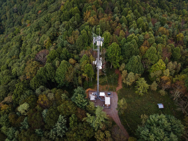 Aerial View of Cell Tower in Blue Ridge Mountains stock photo