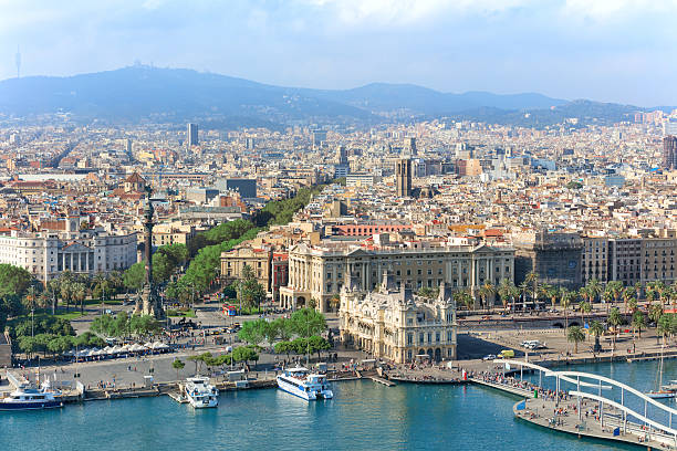 Aerial view of central Barcelona Central embankment of Barcelona with Columbus statue, La Rambla street and promenade, Spain barcelona spain stock pictures, royalty-free photos & images