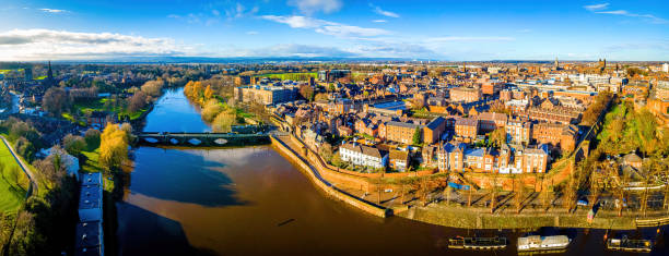 Aerial view of Chester, a city in northwest England,  known for its extensive Roman walls made of local red sandstone Aerial view of Chester, a city in northwest England,  known for its extensive Roman walls made of local red sandstone, UK cheshire england stock pictures, royalty-free photos & images