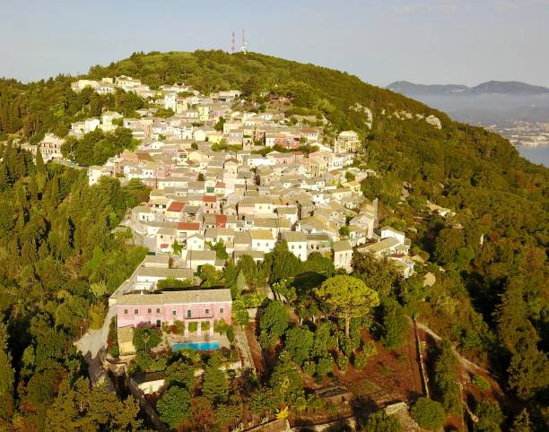 Aerial view of Chlomos, Corfu, Greece stock photo