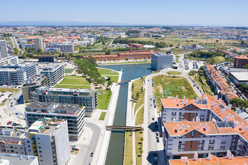 Aerial view of the main channel of the city of Aveiro, Portugal.