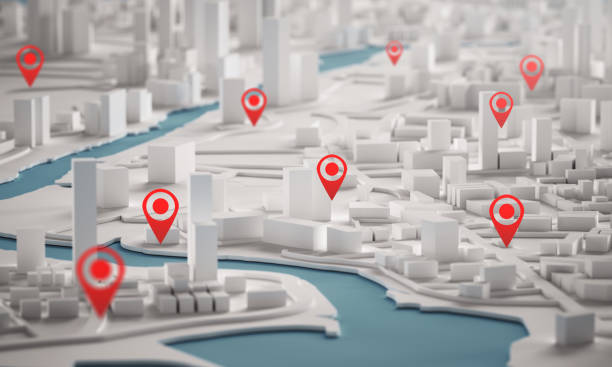 赤いポイント マップを使用した都市の建物 3d レンダリングの空中ビュー - 位置情報 ストックフォトと画像