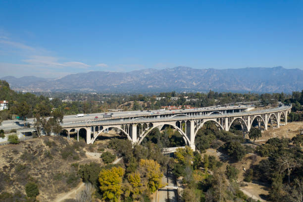 Aerial View of Colorado Bridge and 134 Freeway in Pasadena California stock photo