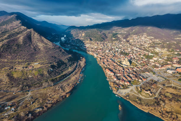 Aerial view of confluence of rivers in Mtskheta stock photo