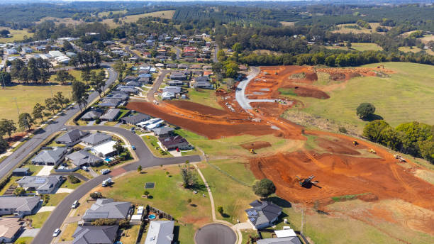 Aerial View of Construction at a New Subdivision stock photo