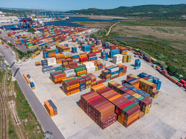 Aerial view of Container terminal freight port, international shipping stock photo