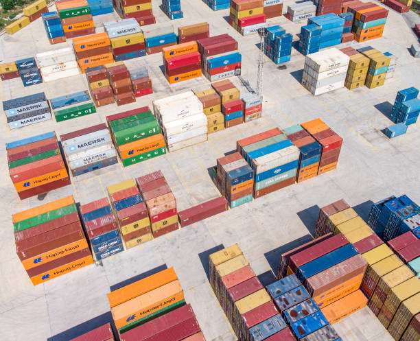 Aerial view of Container terminal freight port, international shipping stock photo