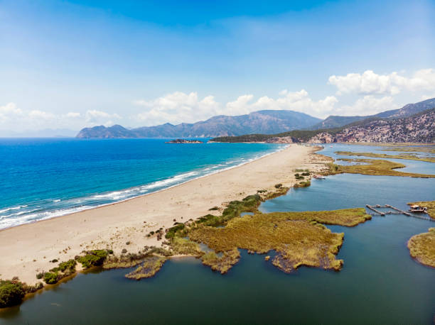 Dalyan is a town in Muğla Province located between the well-known districts of Marmaris and Fethiye on the south-west coast of Turkey. River hosts the caretta caretta and many birds and fishs. Iztuzu beach in the background.