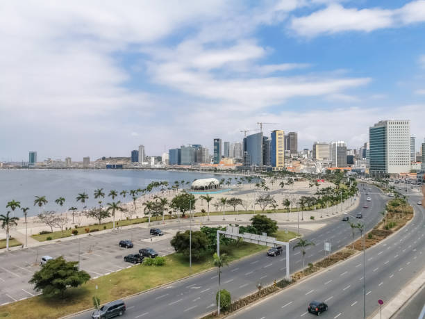 Aerial view of downtown Luanda, bay , Cabo Island and Port of Luanda, marginal and central buildings, in Angola stock photo