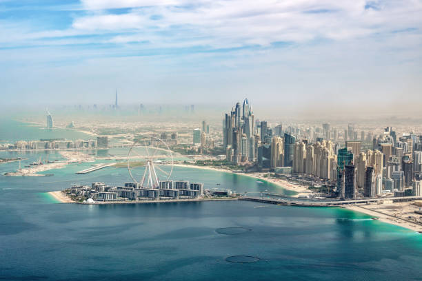 Aerial view of Dubai Marina skyline with Dubai Eye ferris wheel, United Arab Emirates stock photo