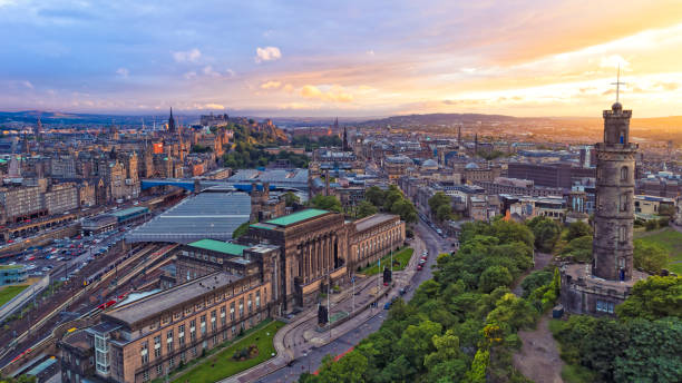 Aerial view of Edinburgh during sunset Aerial view of Edinburgh during sunset edinburgh scotland stock pictures, royalty-free photos & images
