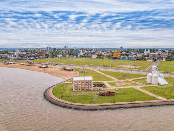 Aerial view of Encarnacion in Paraguay overlooking the San Jose beach. stock photo