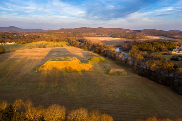 Aerial view of Etowah Indian Mounds Historic Site in Cartersville Georgia stock photo