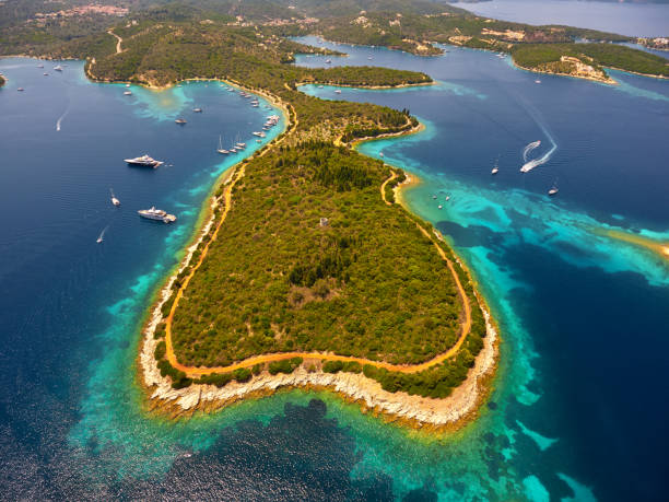 Aerial view of famous Meganisi's coastline. stock photo