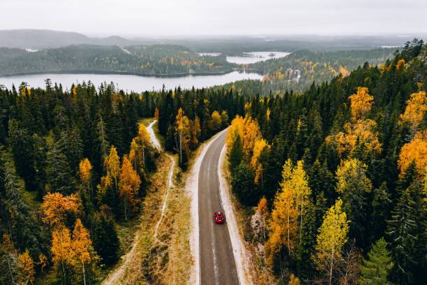 Aerial view of first snowy autumn color forest in the mountains and a road with car in Finland Lapland. Aerial view of first snowy autumn color forest in the mountains and a road with red car in Finland Lapland. finnish lapland stock pictures, royalty-free photos & images