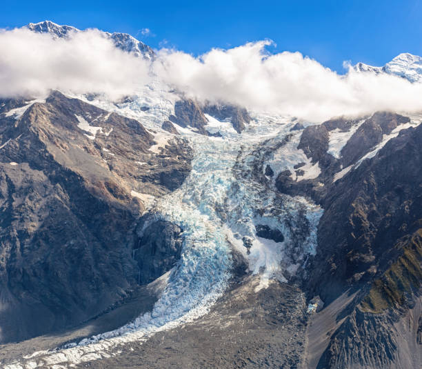 Aerial view of Fox glacier from helicopter, South island New Zealand stock photo