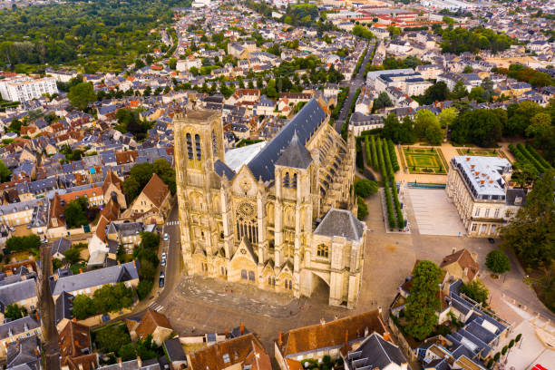 Aerial view of French commune of Bourges with Gothic cathedral stock photo